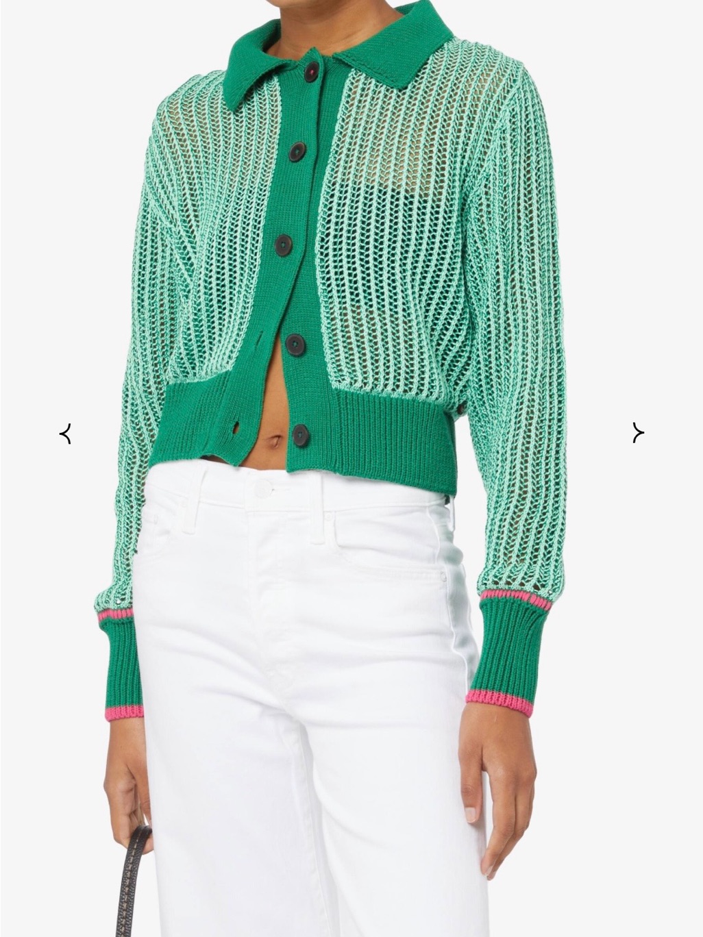 Scotch & Soda Green Mesh Knit Button-Front Cardigan With Pink Trim